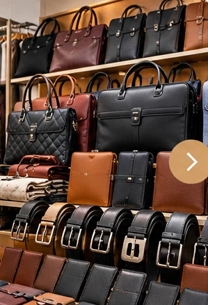 Leather bags and belts — products only, no models